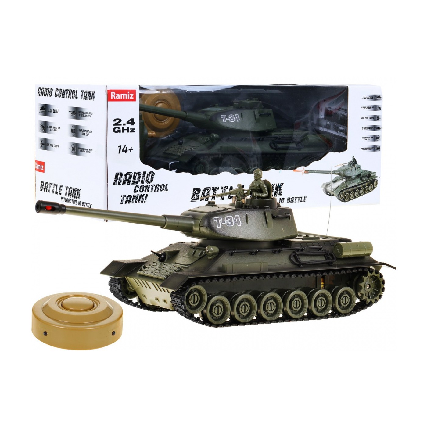 Dálkově ovládaný dětský tank T-34 3+ zelená Shooting Model 1:28 + Great Battle of Tanks + Lightsaws