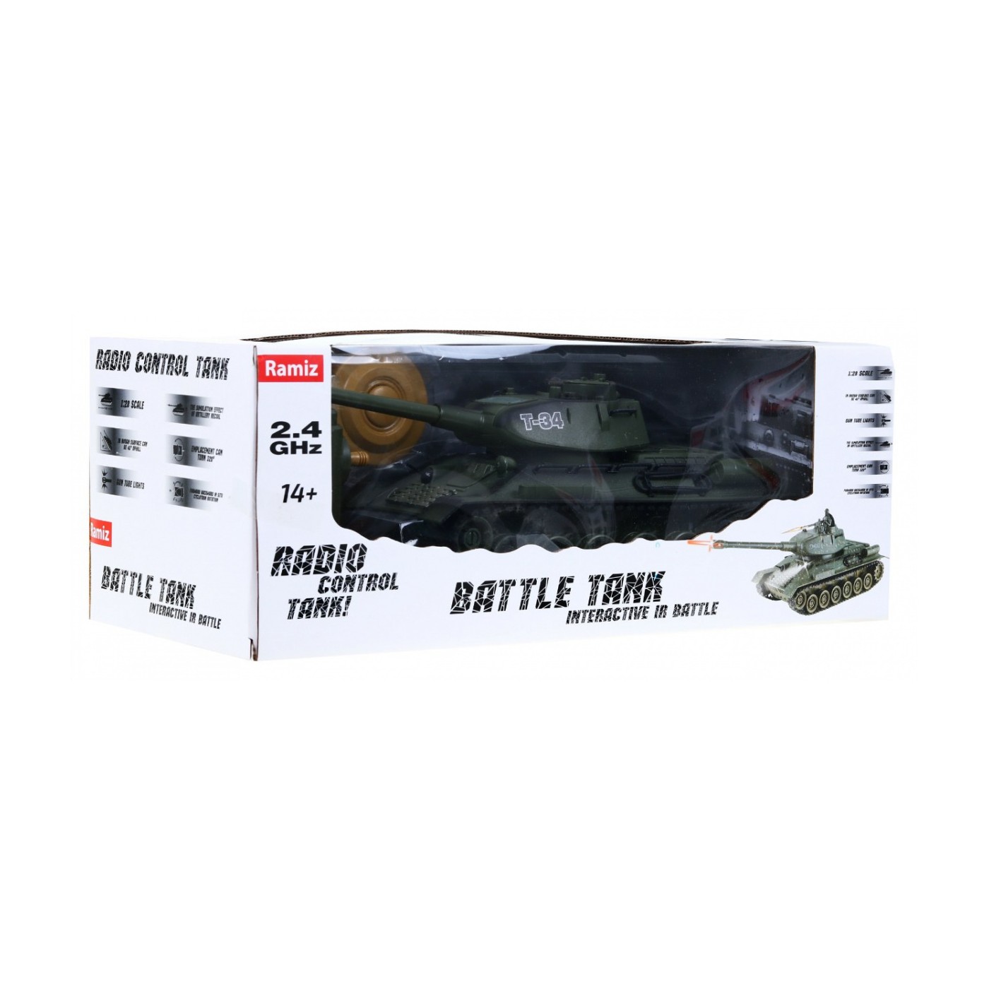 Dálkově ovládaný dětský tank T-34 3+ zelená Shooting Model 1:28 + Great Battle of Tanks + Lightsaws