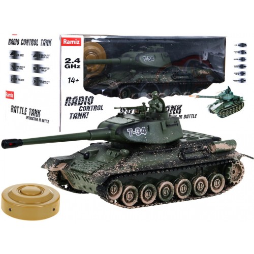Dálkově ovládaný dětský tank T-34 3+ Střelecký model Kamufláž 1:28 + Velká bitva tanků + Světelné pily