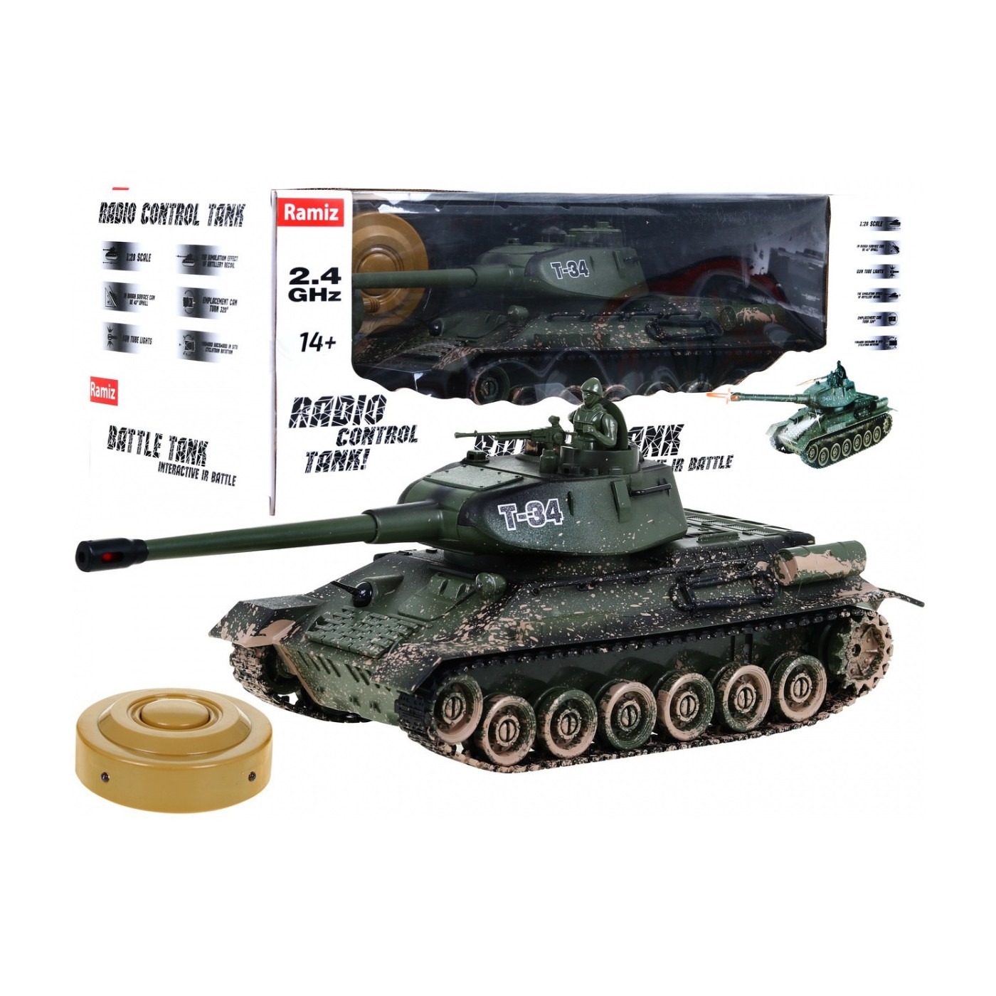 Dálkově ovládaný dětský tank T-34 3+ Střelecký model Kamufláž 1:28 + Velká bitva tanků + Světelné pily