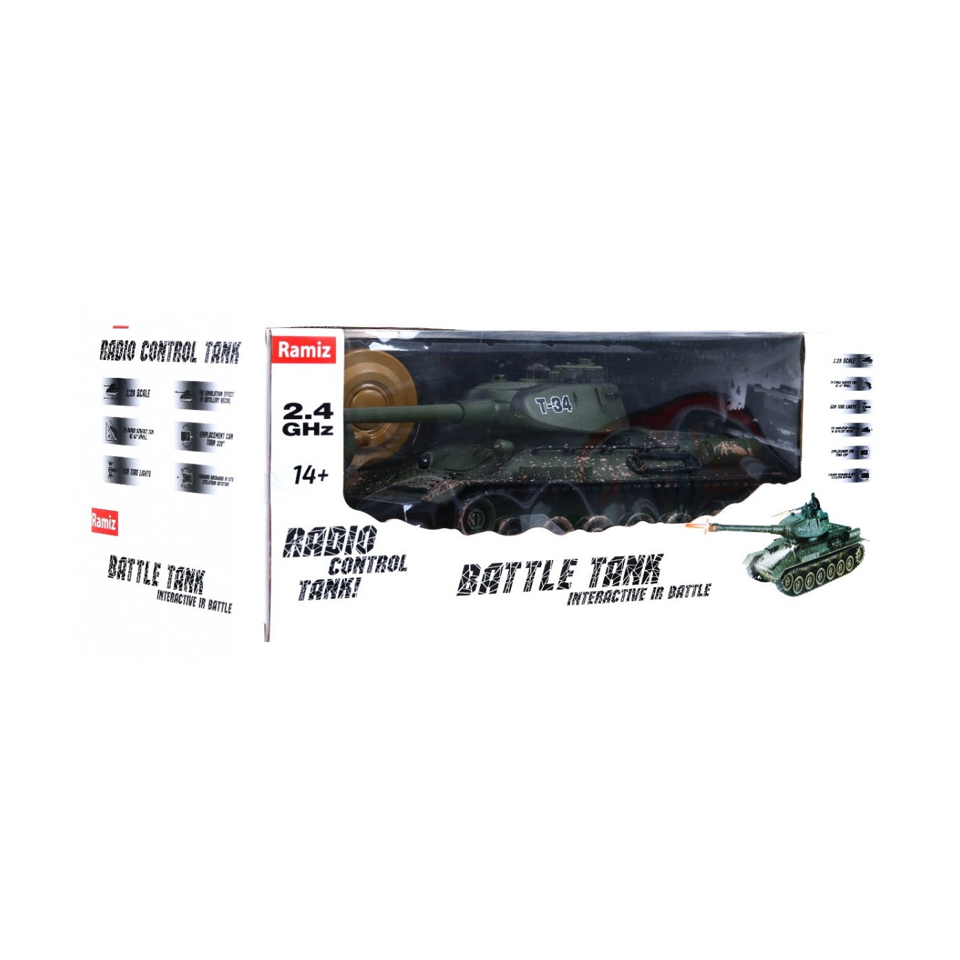 Dálkově ovládaný dětský tank T-34 3+ Střelecký model Kamufláž 1:28 + Velká bitva tanků + Světelné pily
