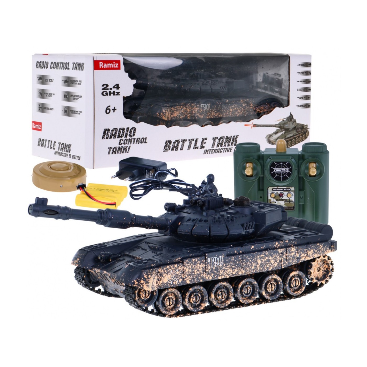 Dálkově ovládaný dětský tank T-90 3+ Střelecký model Kamufláž 1:28 + Velká bitva tanků + Zvuky světla