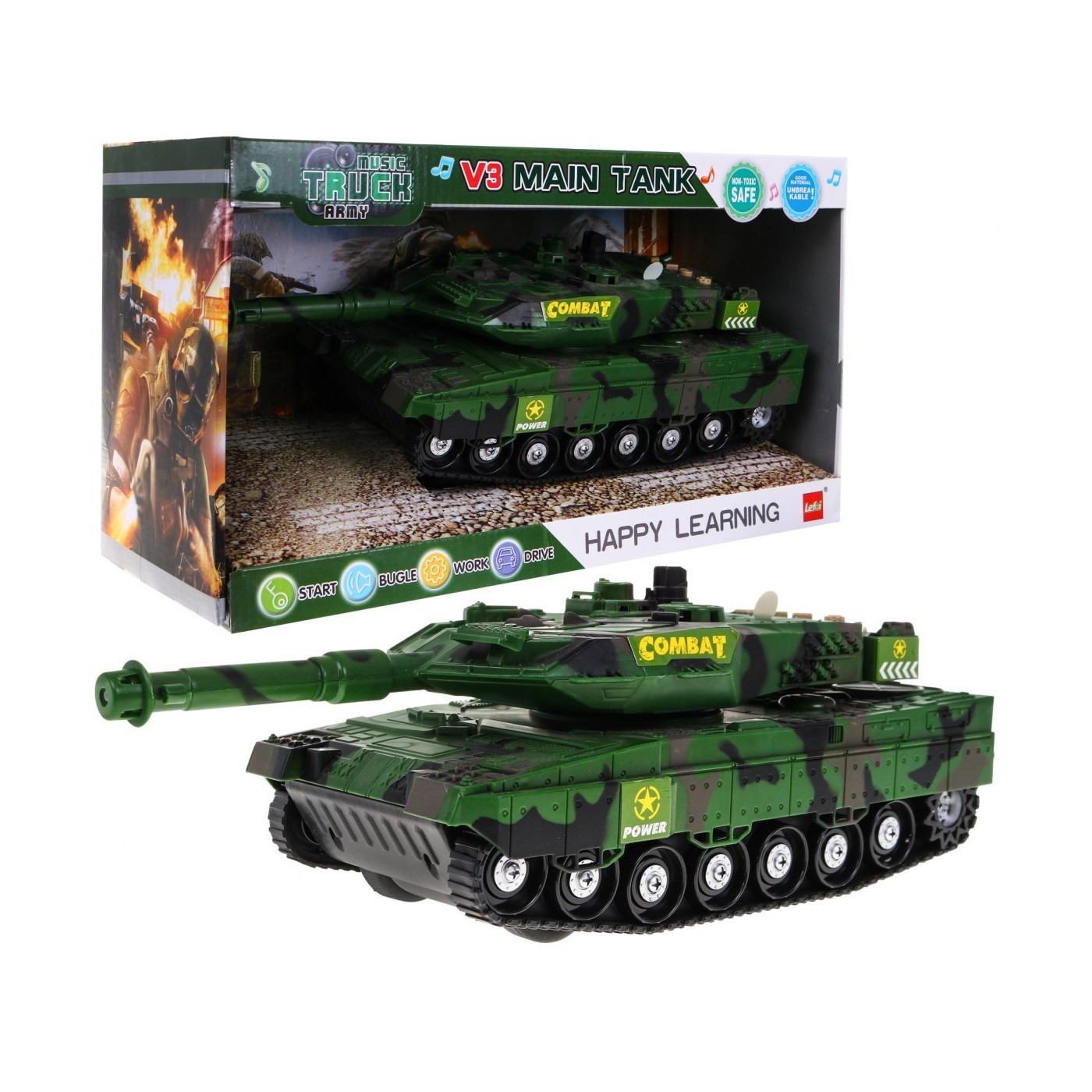Interaktivní tank pro děti 3+ zelená + pohyblivé prvky + řízené tření + zvuky světla