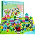 Dřevěné kostky „My City“ pro děti 3+ Sada 107 ks + Podložka město + Doprava ve městě + Vlak