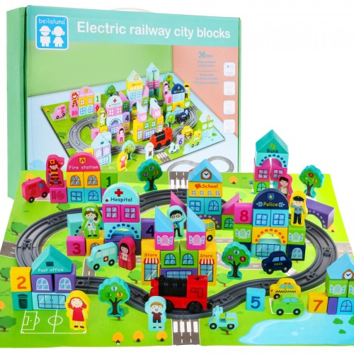 Dřevěné kostky „My City“ pro děti 3+ Sada 107 ks + Podložka město + Doprava ve městě + Vlak
