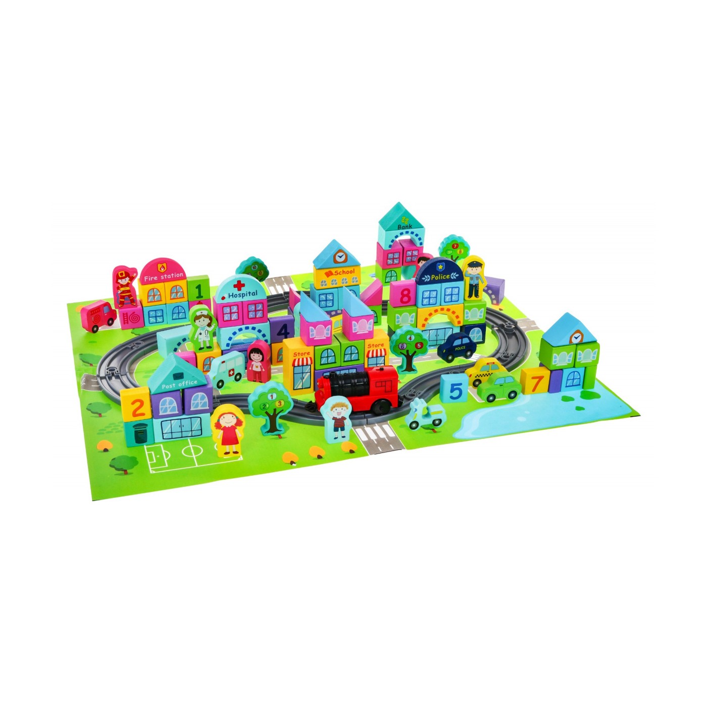 Dřevěné kostky „My City“ pro děti 3+ Sada 107 ks + Podložka město + Doprava ve městě + Vlak