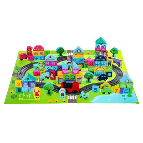 Dřevěné kostky „My City“ pro děti 3+ Sada 107 ks + Podložka město + Doprava ve městě + Vlak