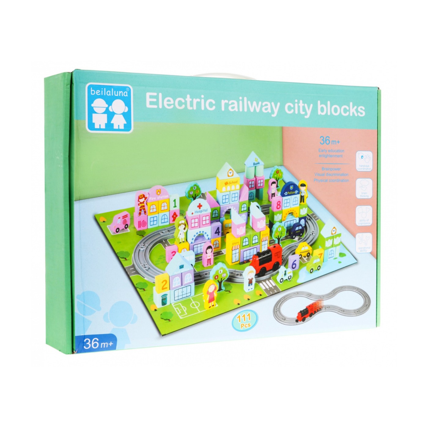 Dřevěné kostky „My City“ pro děti 3+ Sada 107 ks + Podložka město + Doprava ve městě + Vlak