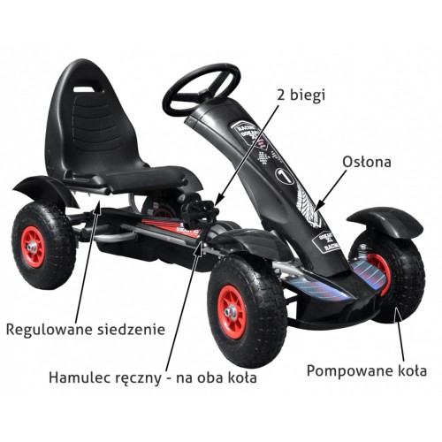 Dětská závodní XL pedálová motokára 3+ černá nafukovací kola + nastavení sedadla+ volný běh
