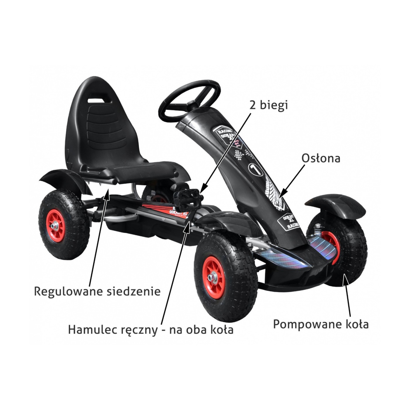 Dětská závodní XL pedálová motokára 3+ černá nafukovací kola + nastavení sedadla+ volný běh
