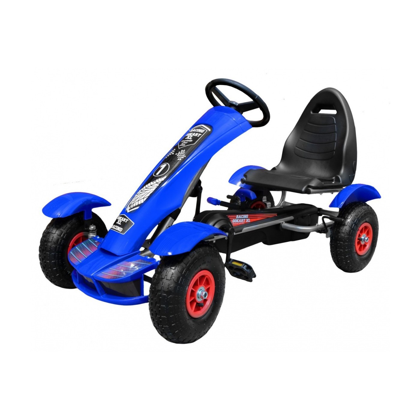Dětská závodní XL pedálová motokára 3+ modrá nafukovací kola + nastavení sedadla + volný běh