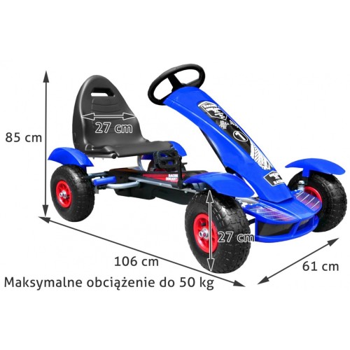 Dětská závodní XL pedálová motokára 3+ modrá nafukovací kola + nastavení sedadla + volný běh