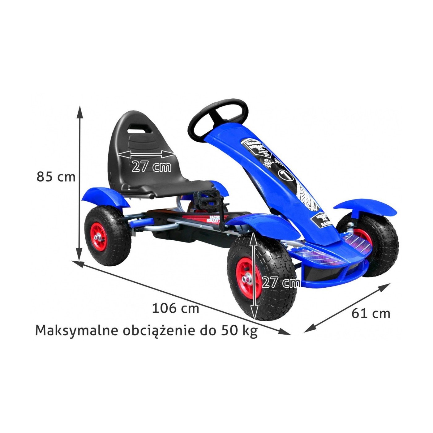 Dětská závodní XL pedálová motokára 3+ modrá nafukovací kola + nastavení sedadla + volný běh
