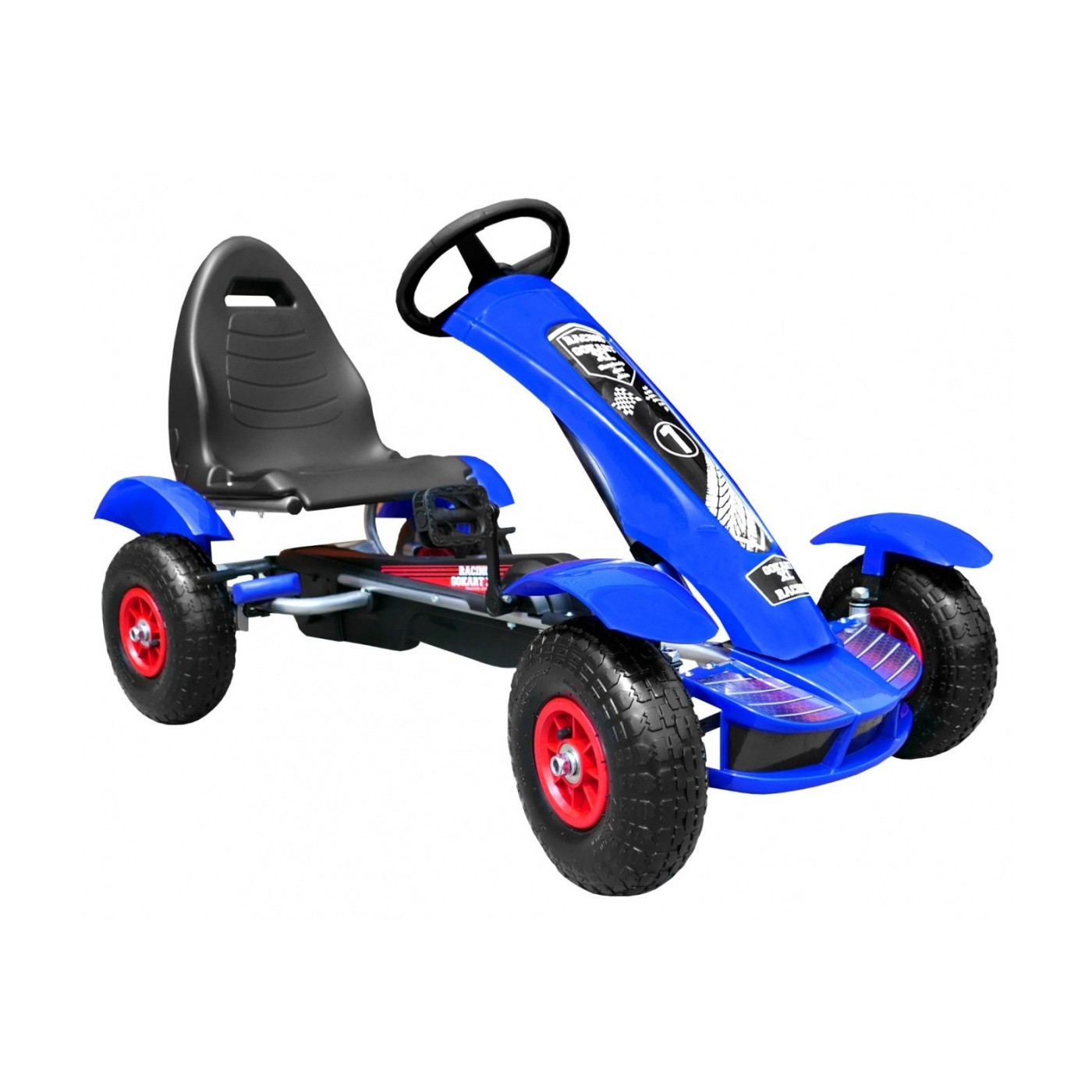 Dětská závodní XL pedálová motokára 3+ modrá nafukovací kola + nastavení sedadla + volný běh