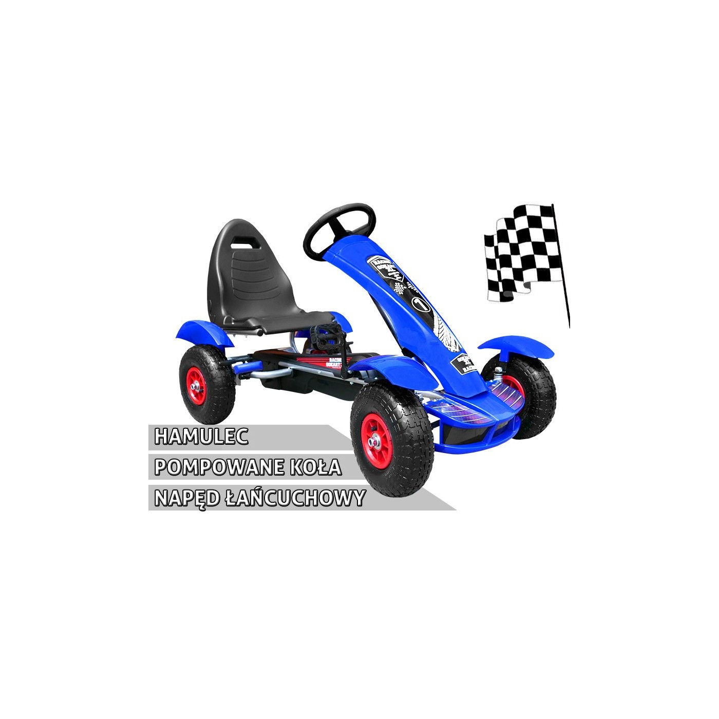 Dětská závodní XL pedálová motokára 3+ modrá nafukovací kola + nastavení sedadla + volný běh