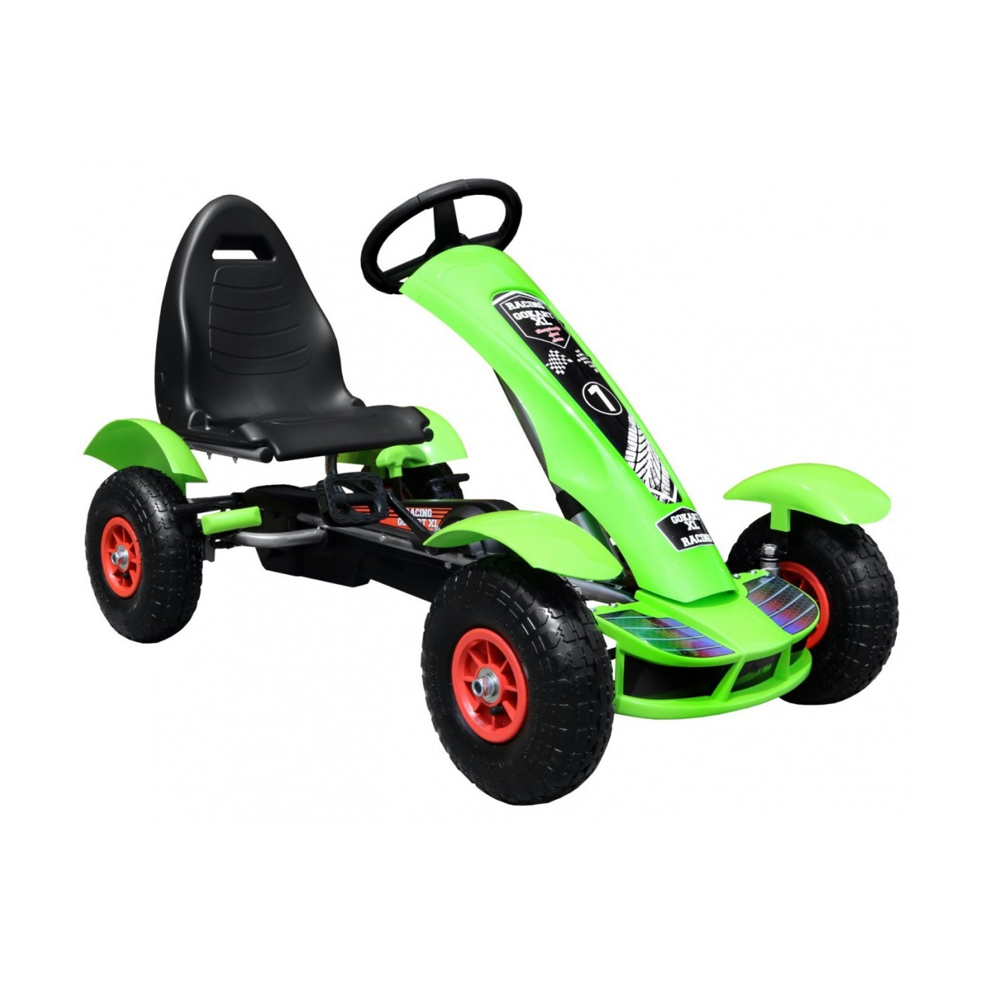 Dětský závodní XL pedál motokára 3+ zelená nafouknutá kola + nastavení sedadla + volný běh