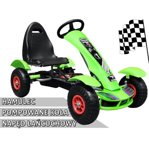 Dětský závodní XL pedál motokára 3+ zelená nafouknutá kola + nastavení sedadla + volný běh