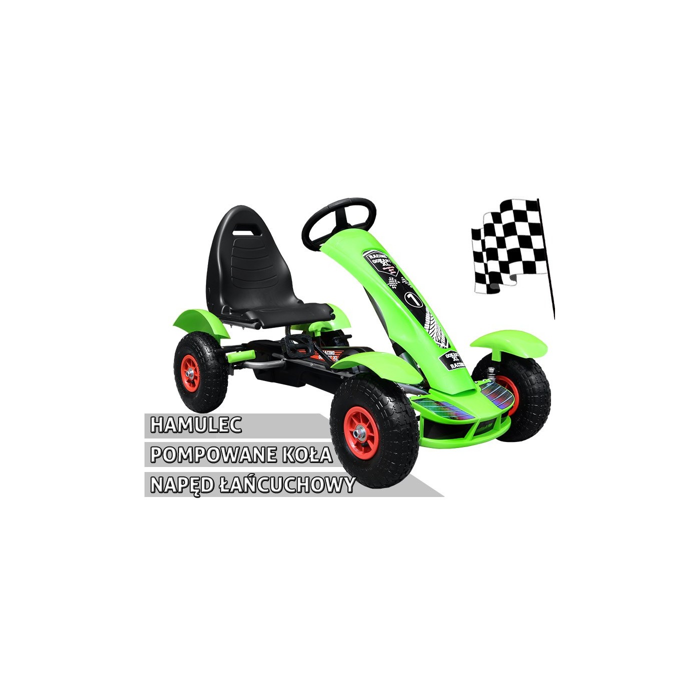 Dětský závodní XL pedál motokára 3+ zelená nafouknutá kola + nastavení sedadla + volný běh