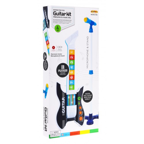 Barevná elektrická kytara pro děti 3+ mikrofon na stativu + zvuky světla