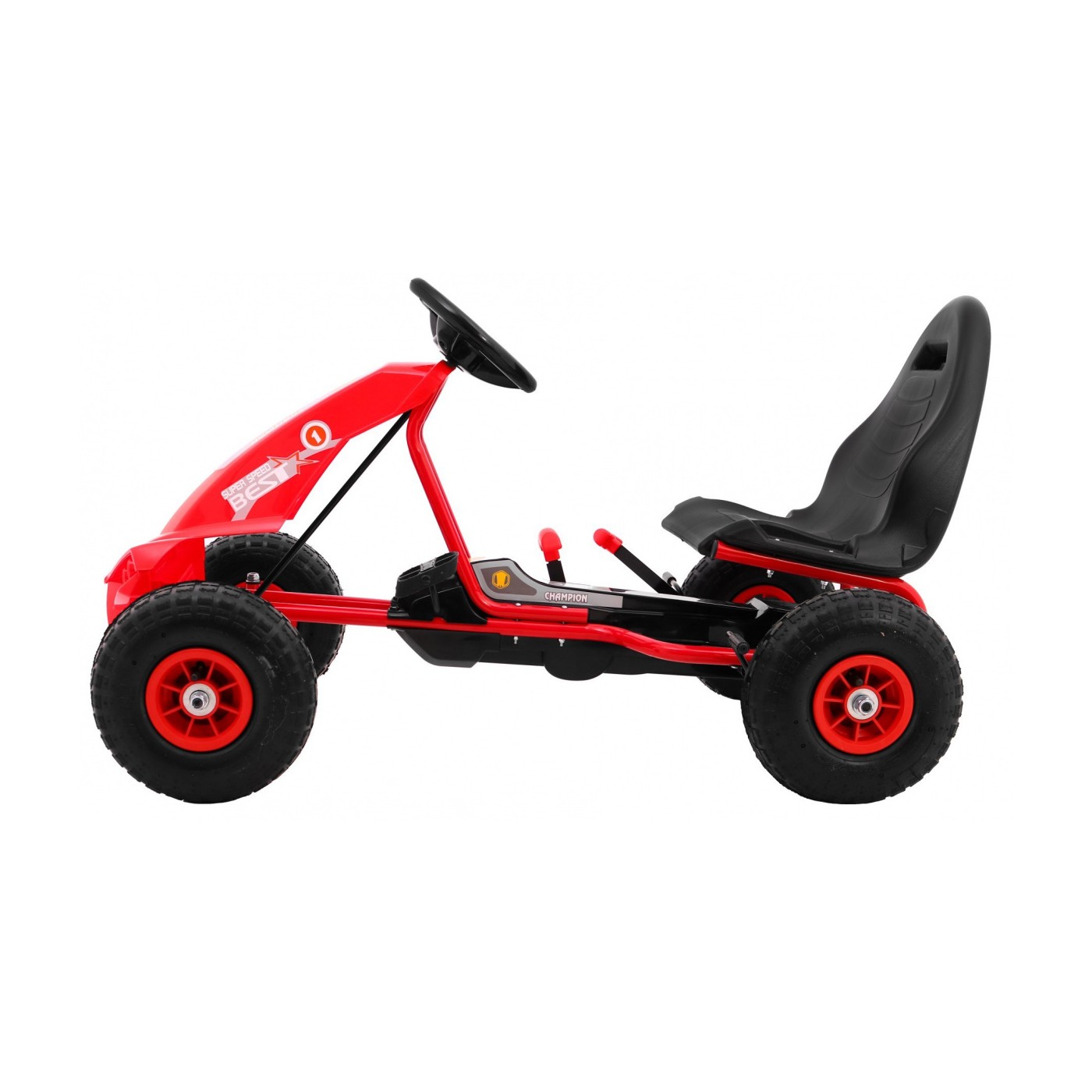 Go-kart Champion na pedály pro děti 3+ červené + nahuštěné pneumatiky + nastavitelné sedadlo + ruční brzda