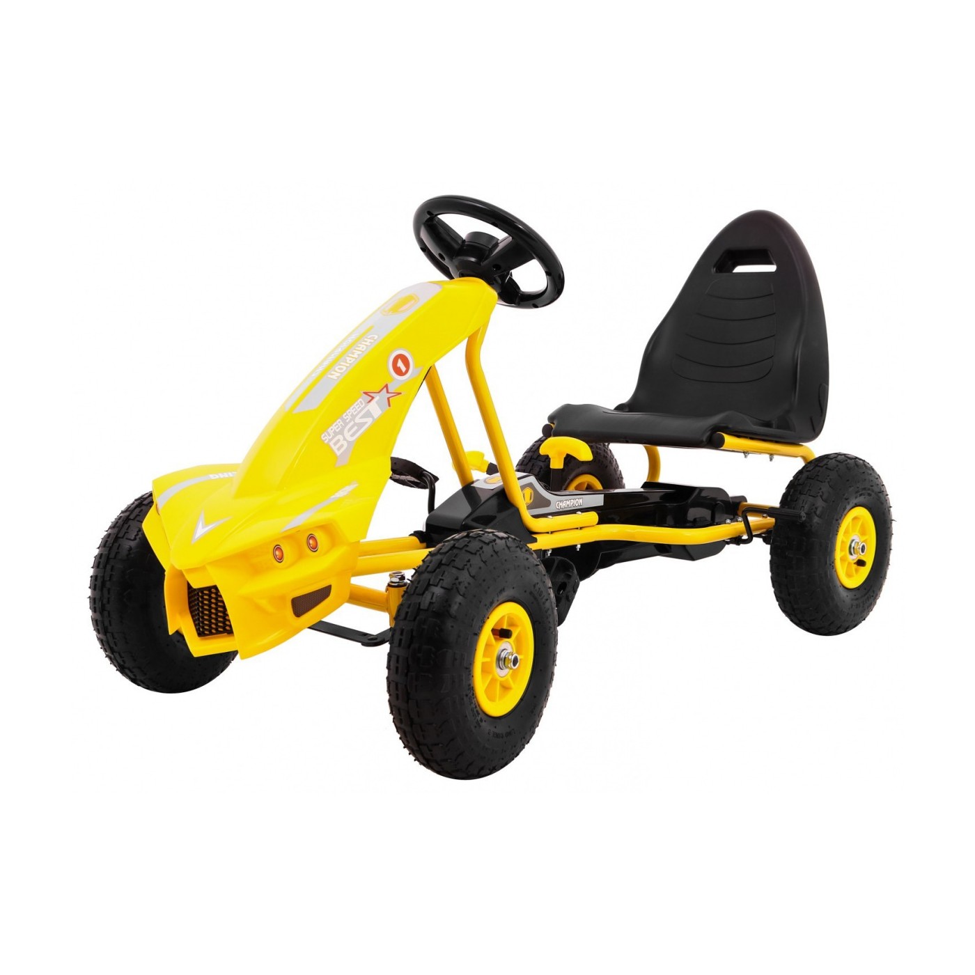 Go-kart Champion na pedály pro děti 3+ žluté nahuštěné pneumatiky + nastavitelné sedadlo + ruční brzda