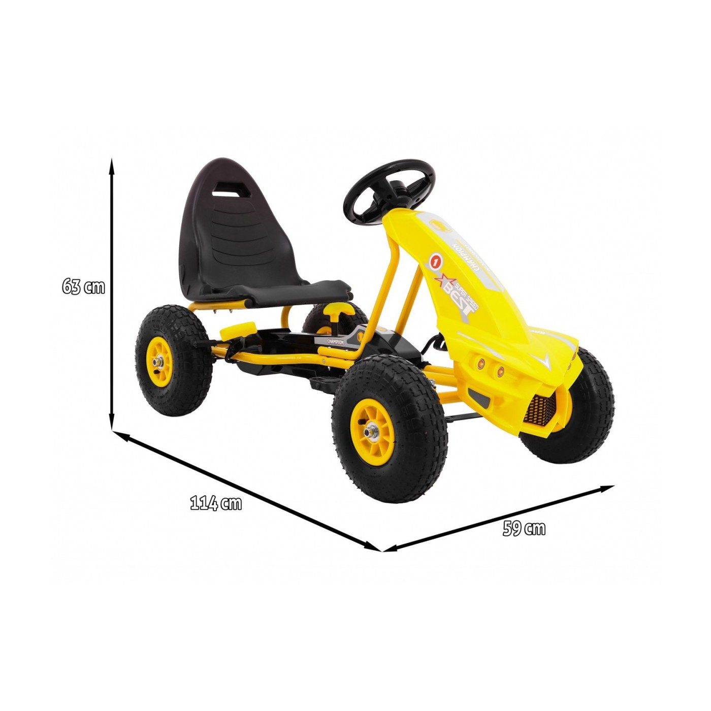 Go-kart Champion na pedály pro děti 3+ žluté nahuštěné pneumatiky + nastavitelné sedadlo + ruční brzda