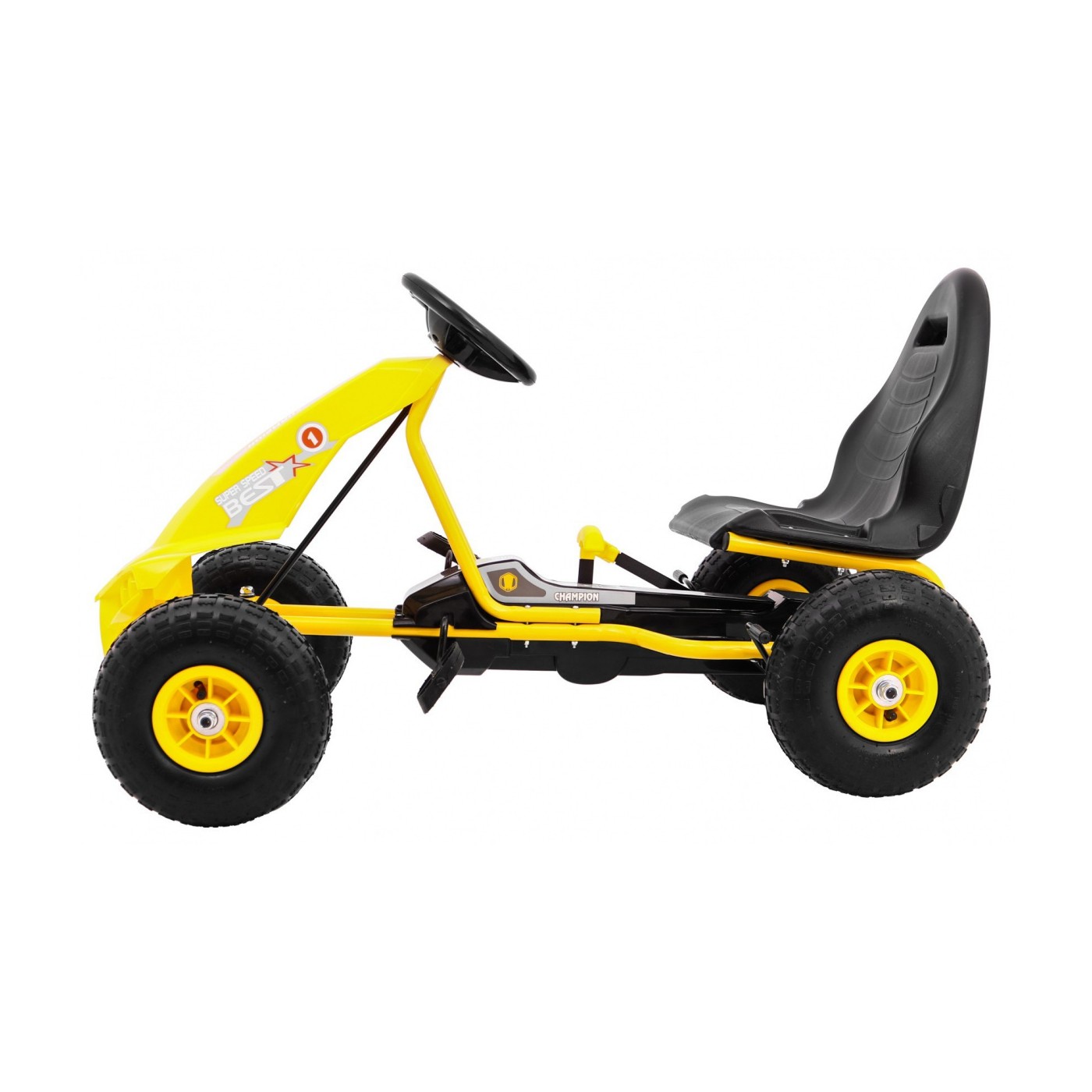 Go-kart Champion na pedály pro děti 3+ žluté nahuštěné pneumatiky + nastavitelné sedadlo + ruční brzda