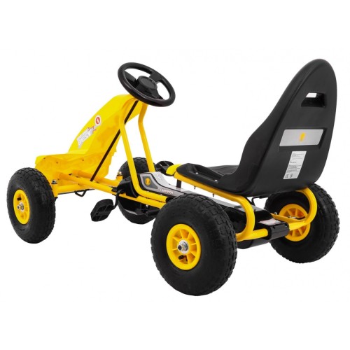 Go-kart Champion na pedály pro děti 3+ žluté nahuštěné pneumatiky + nastavitelné sedadlo + ruční brzda