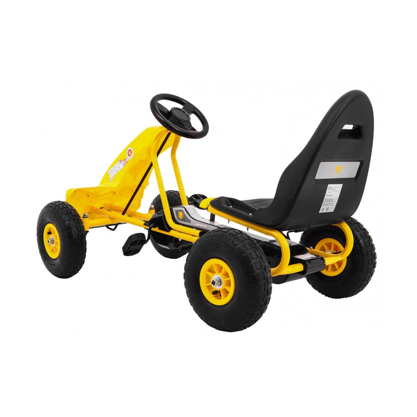 Go-kart Champion na pedály pro děti 3+ žluté nahuštěné pneumatiky + nastavitelné sedadlo + ruční brzda