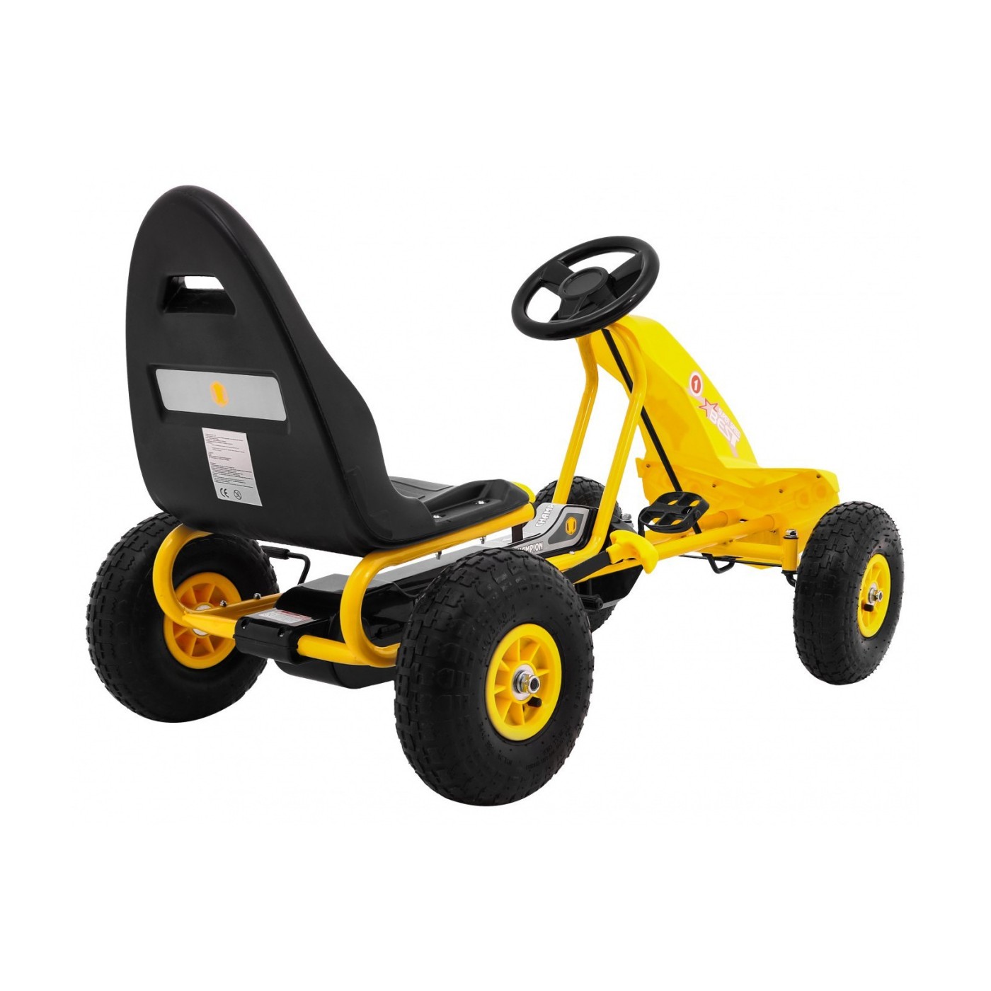 Go-kart Champion na pedály pro děti 3+ žluté nahuštěné pneumatiky + nastavitelné sedadlo + ruční brzda
