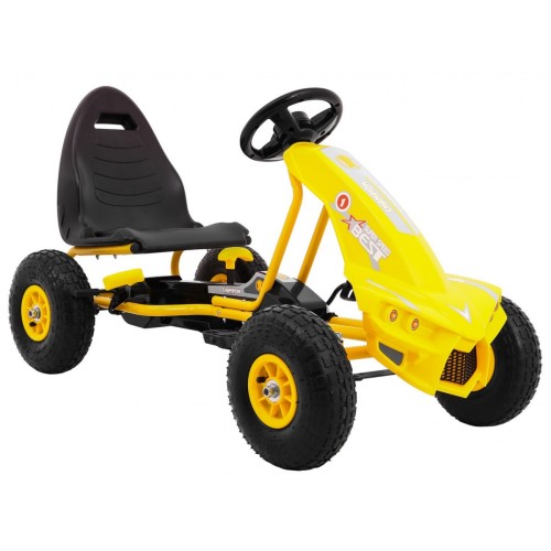 Go-kart Champion na pedály pro děti 3+ žluté nahuštěné pneumatiky + nastavitelné sedadlo + ruční brzda