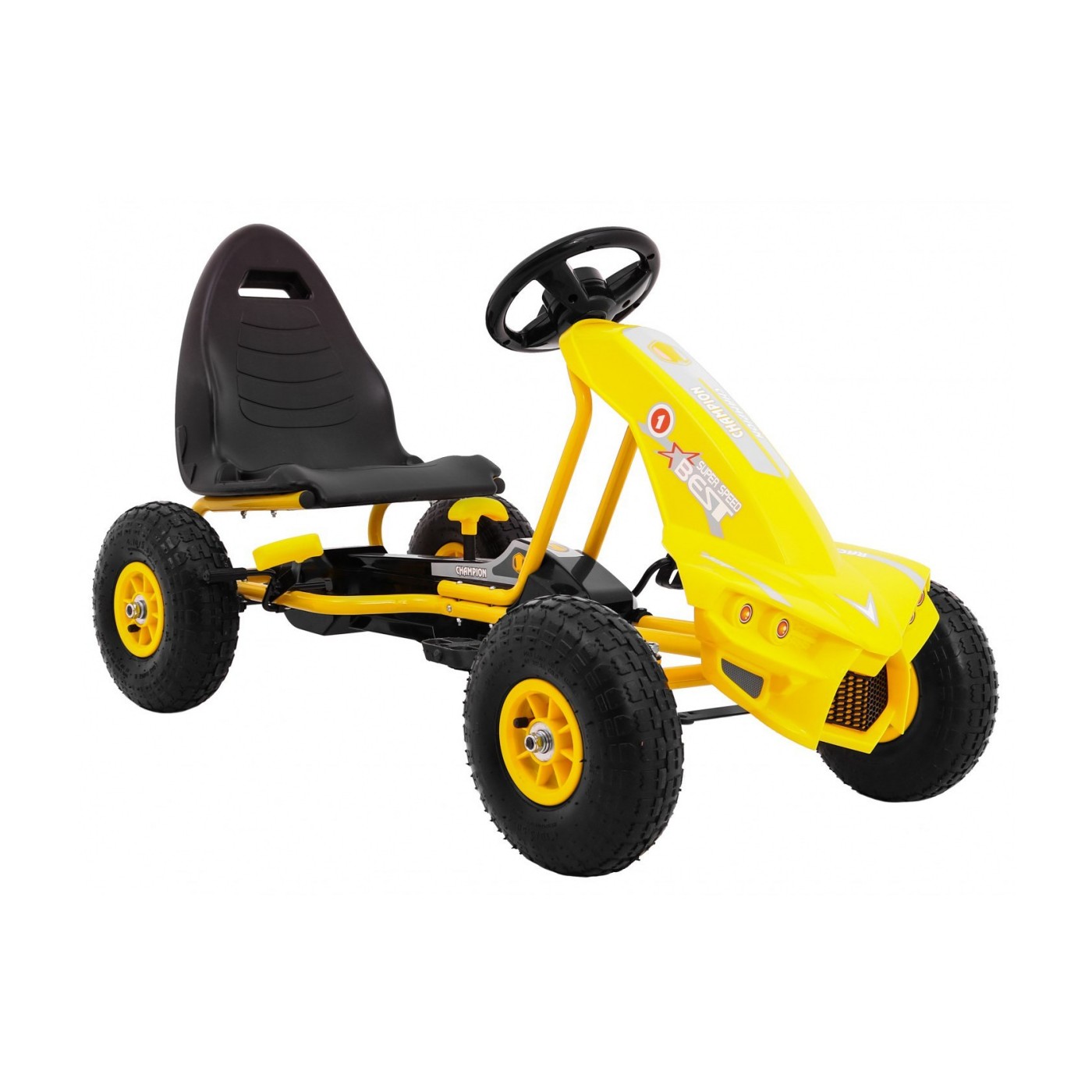 Go-kart Champion na pedály pro děti 3+ žluté nahuštěné pneumatiky + nastavitelné sedadlo + ruční brzda