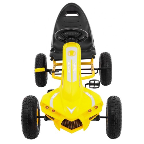 Go-kart Champion na pedály pro děti 3+ žluté nahuštěné pneumatiky + nastavitelné sedadlo + ruční brzda