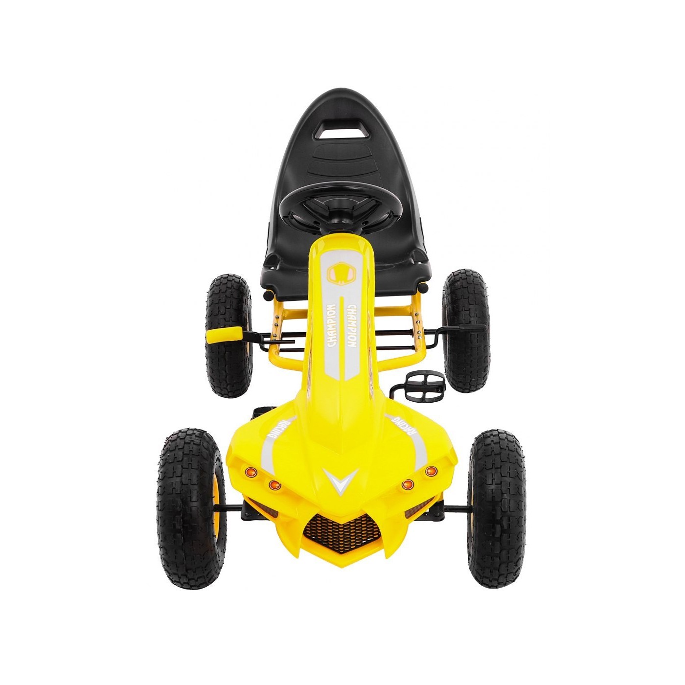 Go-kart Champion na pedály pro děti 3+ žluté nahuštěné pneumatiky + nastavitelné sedadlo + ruční brzda