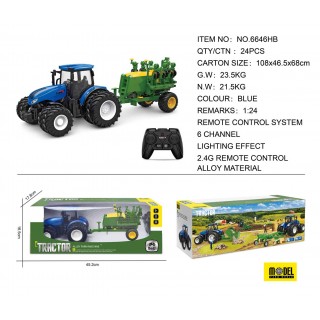 Modrý R/C traktor se secím strojem