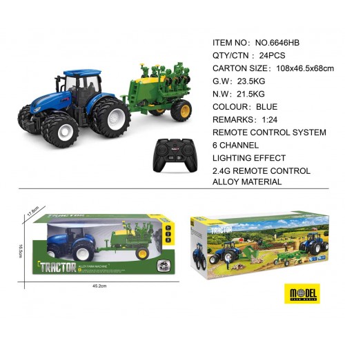 Modrý R/C traktor se secím strojem