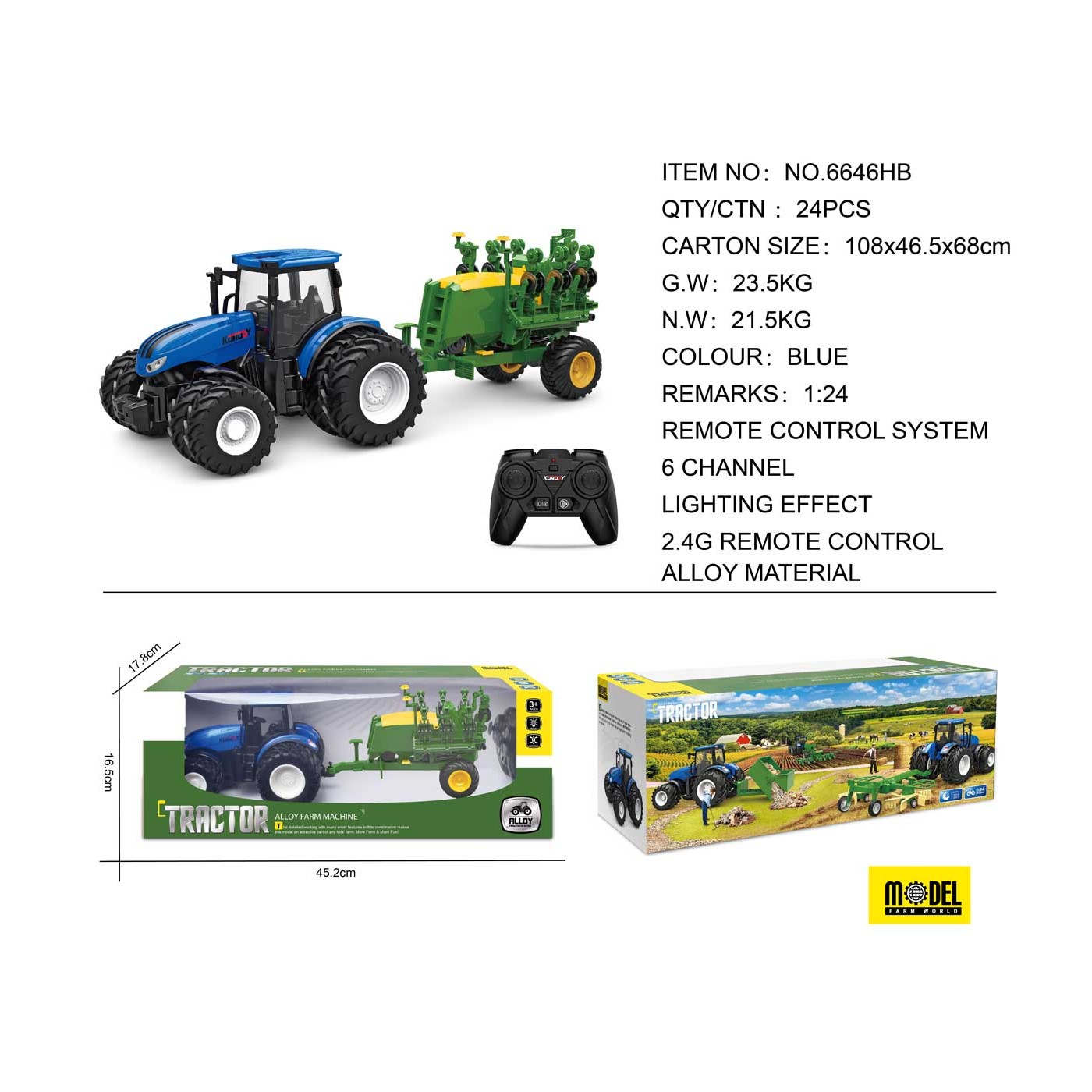 Modrý R/C traktor se secím strojem
