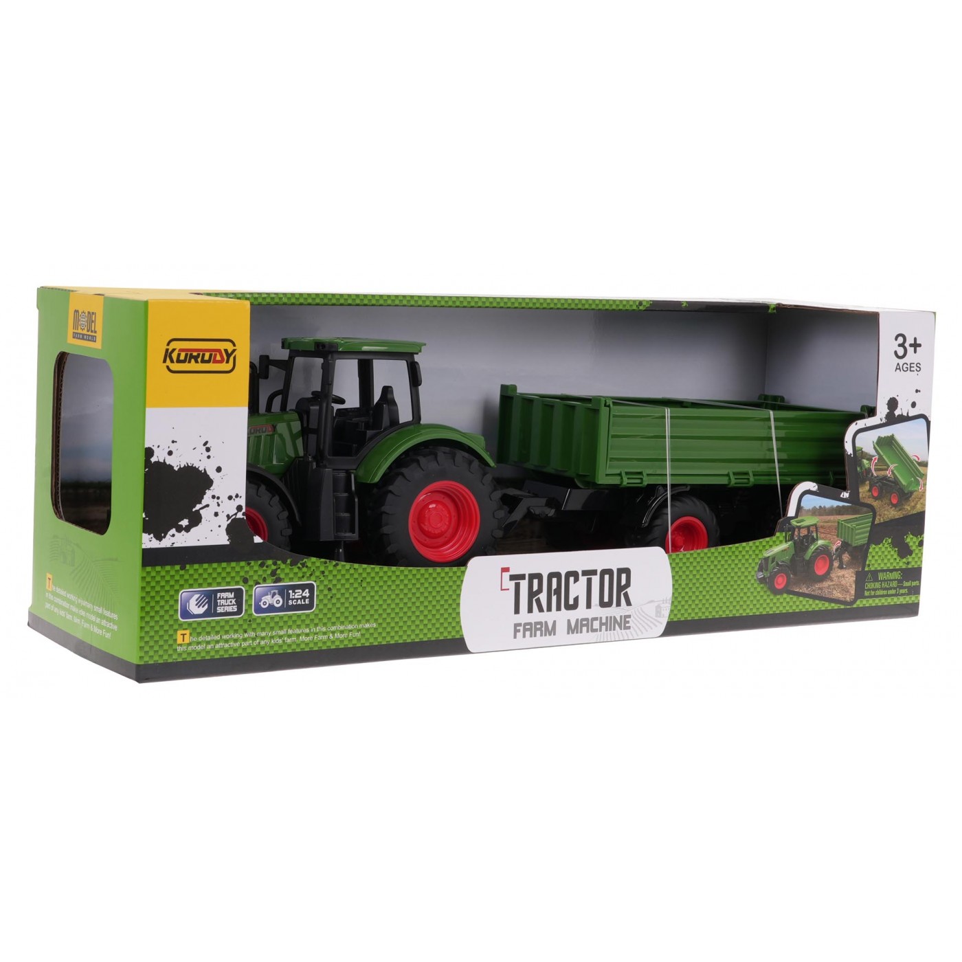 Zelený traktor s přívěsem