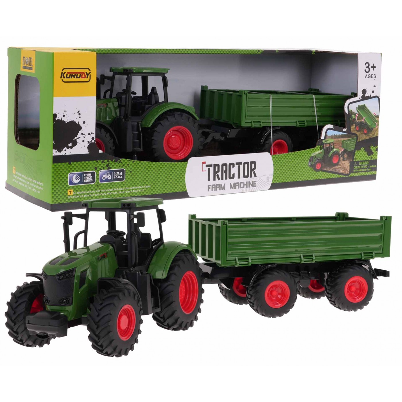 Zelený traktor s přívěsem