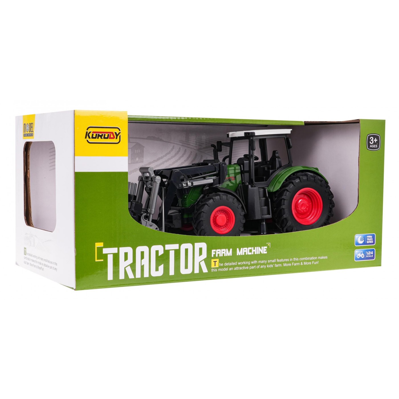 Zelený traktor s drapákem