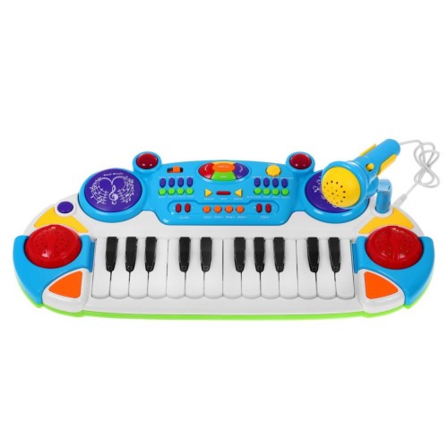 Modrá hudební sada klávesnice Snare Keyboard + Výstrahy + Mikrofon pro děti 3+ Světla + Zvuky 2 oktávy