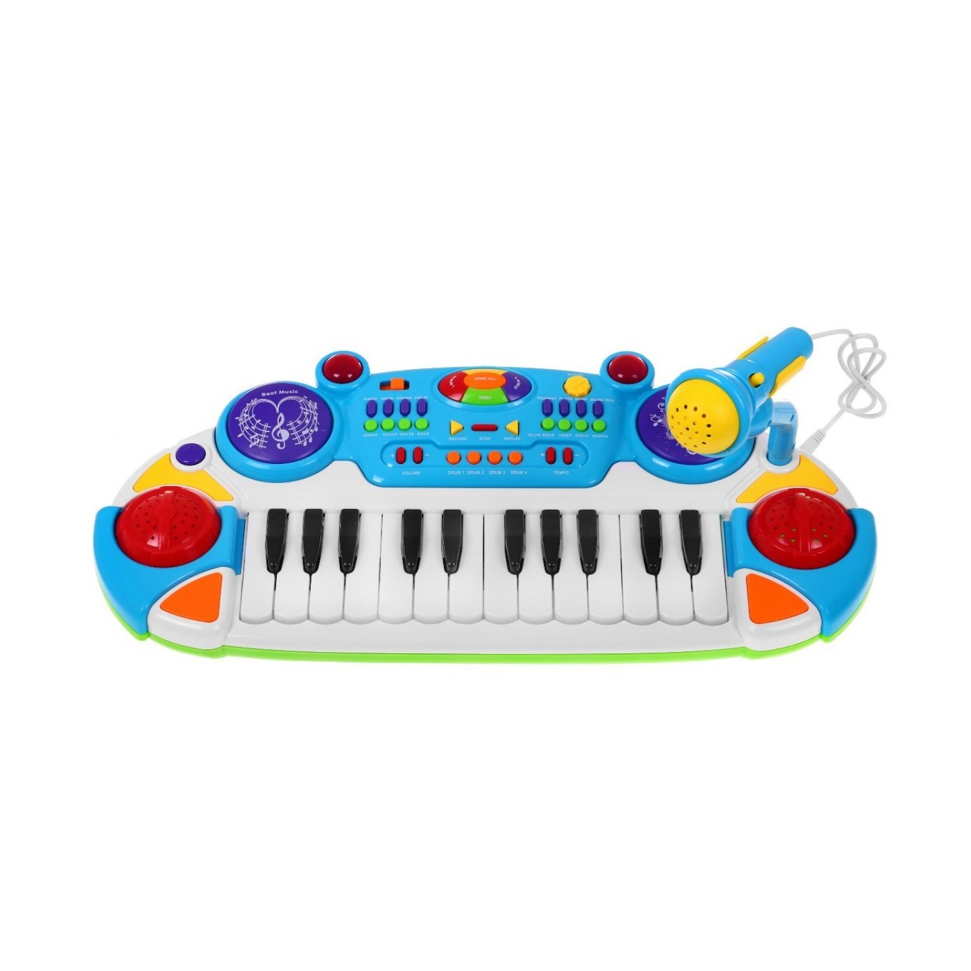 Modrá hudební sada klávesnice Snare Keyboard + Výstrahy + Mikrofon pro děti 3+ Světla + Zvuky 2 oktávy