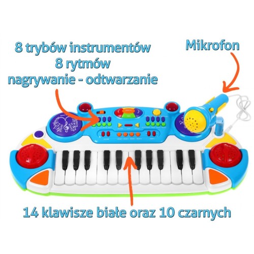 Modrá hudební sada klávesnice Snare Keyboard + Výstrahy + Mikrofon pro děti 3+ Světla + Zvuky 2 oktávy