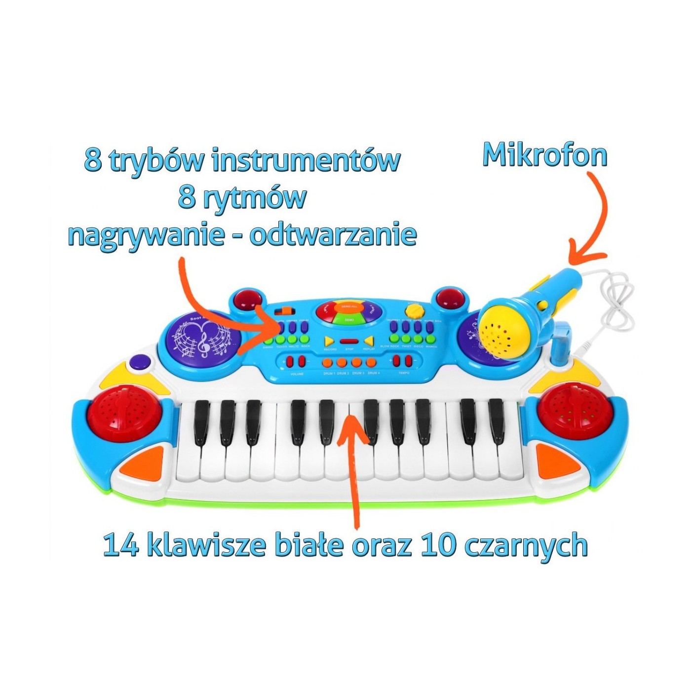 Modrá hudební sada klávesnice Snare Keyboard + Výstrahy + Mikrofon pro děti 3+ Světla + Zvuky 2 oktávy