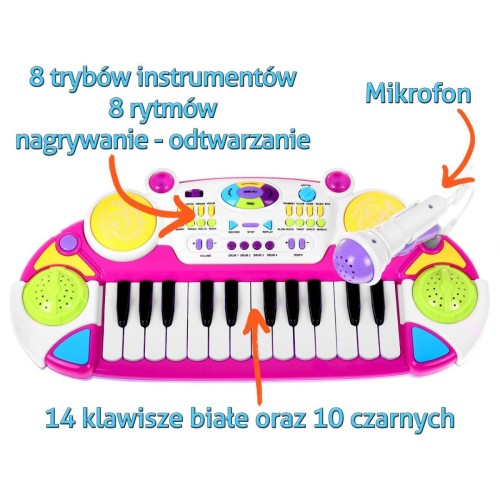 Modrá hudební sada klávesnice Snare Keyboard + Výstrahy + Mikrofon pro děti 3+ Světla + Zvuky 2 oktávy