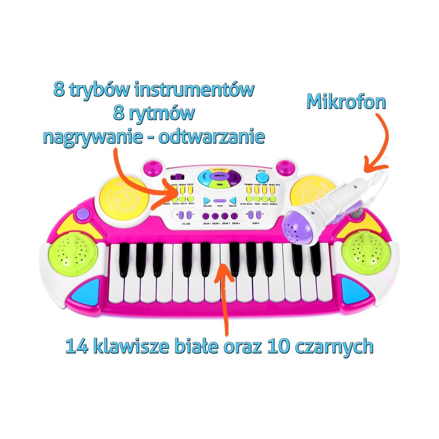 Modrá hudební sada klávesnice Snare Keyboard + Výstrahy + Mikrofon pro děti 3+ Světla + Zvuky 2 oktávy