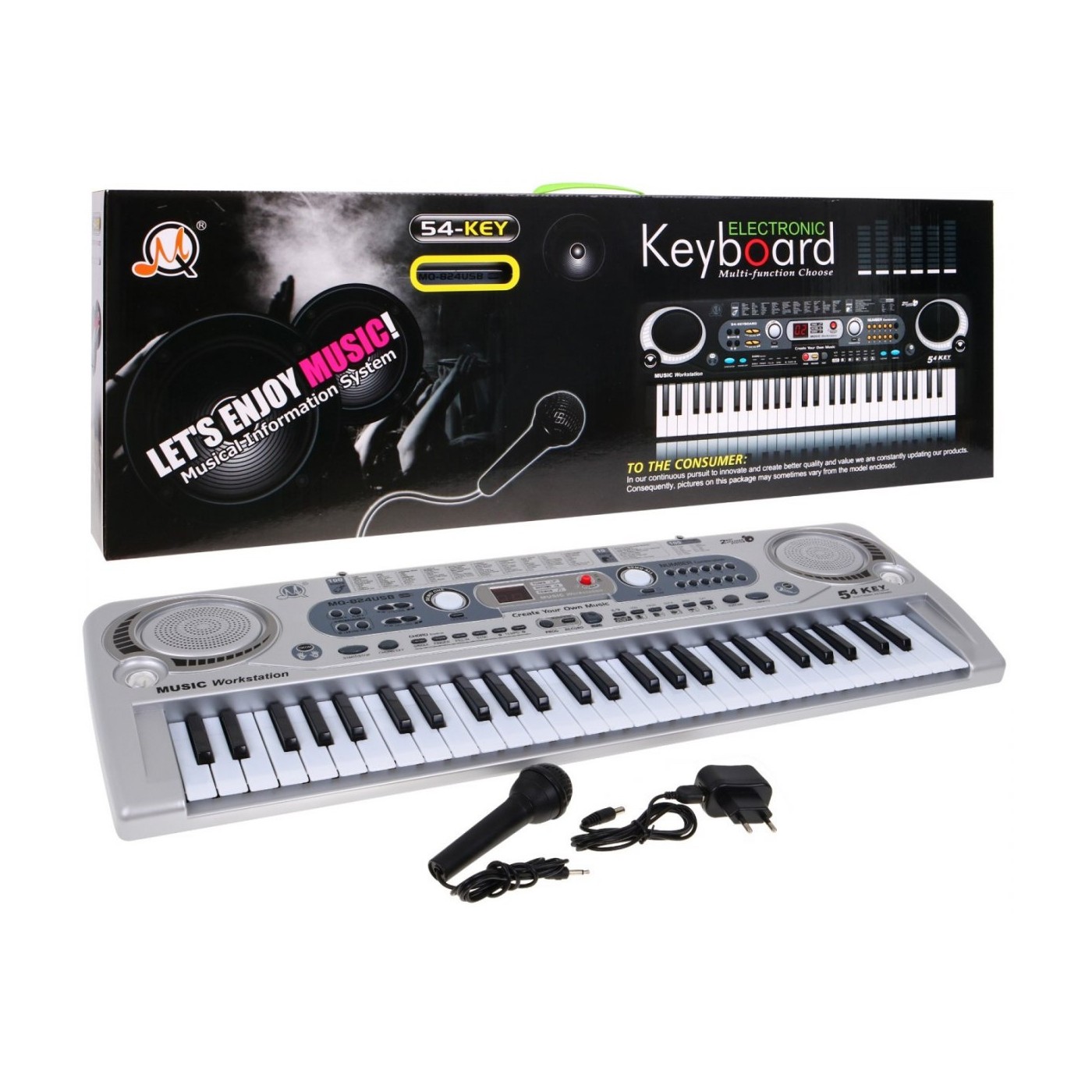 Stříbrný keybord pro děti 5+ mikrofon + USB nahrávání - model # 824
