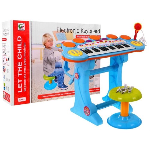Modrá hudební sada keybord Snare mikrofon děti 3 světla 3 oktávy