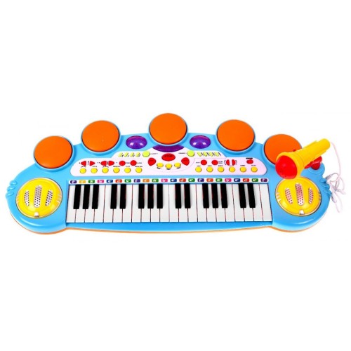 Modrá hudební sada keybord Snare mikrofon děti 3 světla 3 oktávy