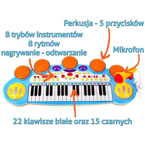 Modrá hudební sada keybord Snare mikrofon děti 3 světla 3 oktávy